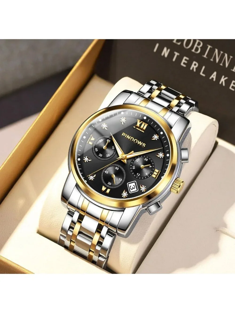 Men's Two Tone Gold Silver Quartz Watch Stainless Steel Diamond Dial Watch